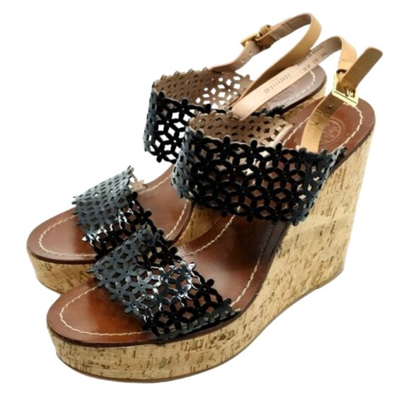 TORY BURCH~Daisy Floral~BLACK PERFORATED LEATHER PLATFORM SANDALS SHOES Sz 10 - Picture 1 of 7